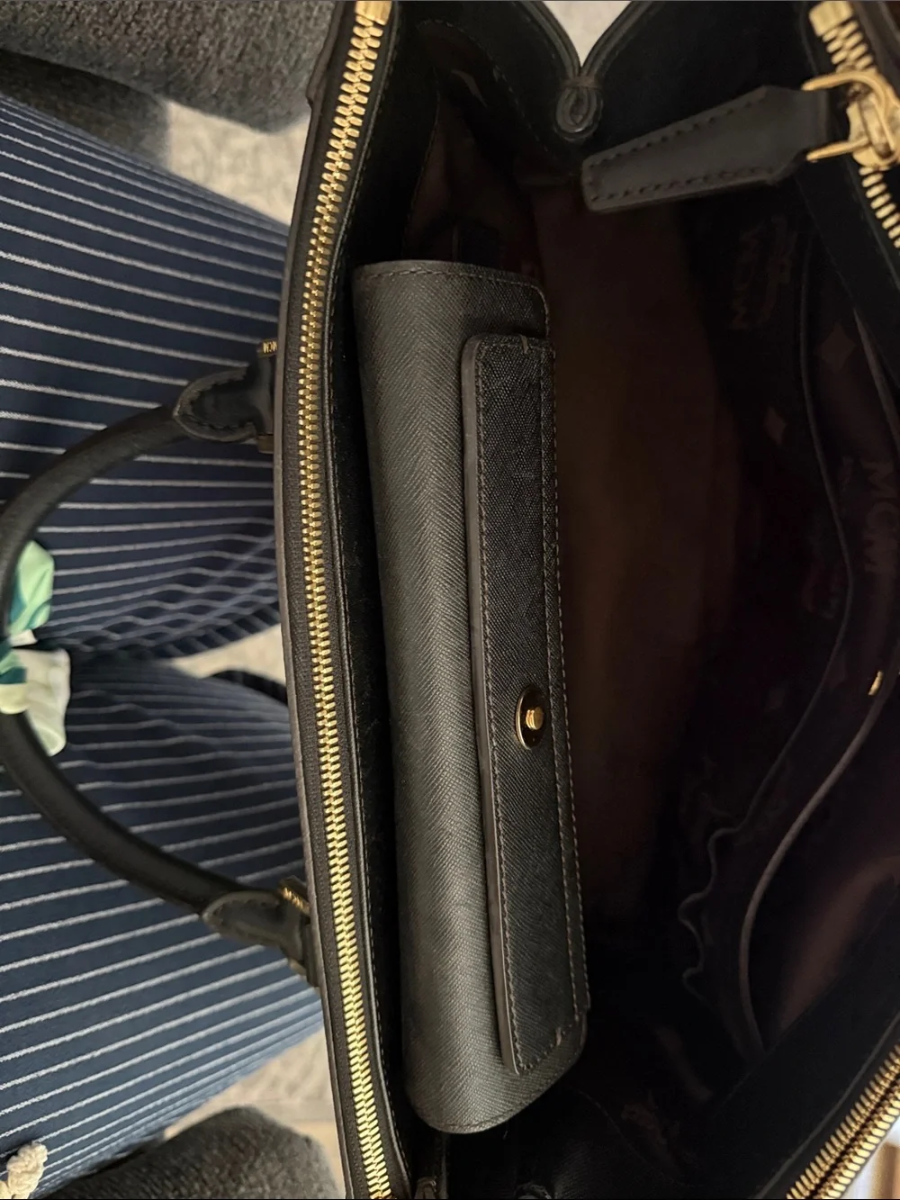 MCM Black Leather Shoulder Bag with Gold Logo Plate
